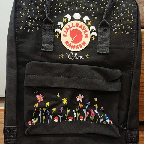 Fjallraven Kanken Backpack embroidered with the moon phase, a starry sky, and a garden of flowers with bees and butterflies - Personalized Embroidered Backpack - Custom Bag for Women
