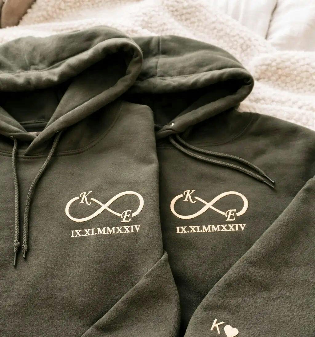 Custom Embroidered Infinity Sweatshirt or Hoodie with Initials, Personalized Wedding Anniversary Gifts for Wife
