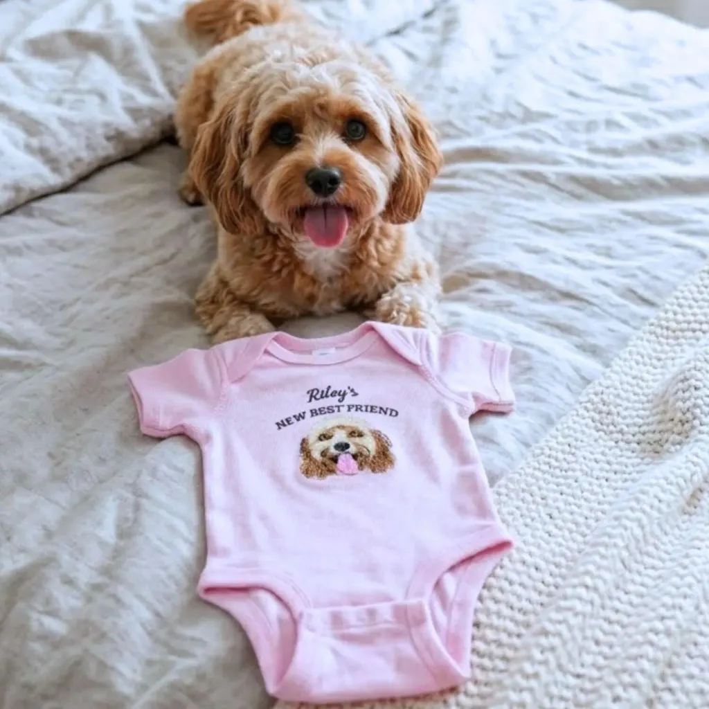 Custom Embroidered Baby Bodysuit Onesie with Pet Photo, Name - New Best Friend