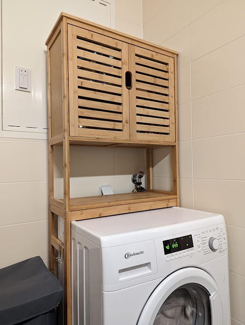 Estante para inodoro de bambú para sobreponer, superestructura para lavadora, estante para baño, 64 x 26 x 168 cm