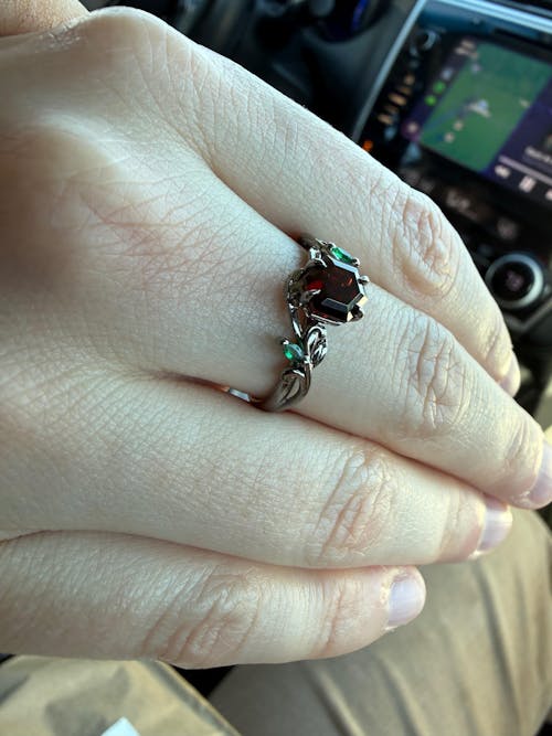 Nature-Inspired Hexagonal Garnet Ring with Twining Vine Design Emerald Inlay Women  Ring Wedding Ring