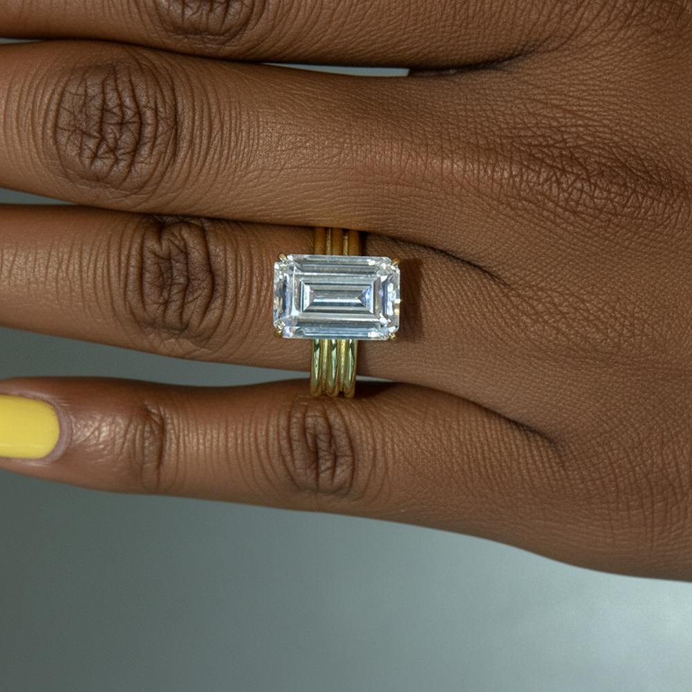 Elongated Emerald 6Ct Simulated Diamond Engagement Ring in Yellow Gold Plated Silver