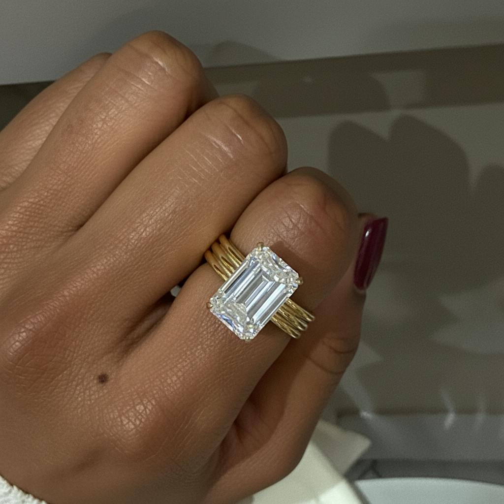 Elongated Emerald 6Ct Simulated Diamond Engagement Ring in Yellow Gold Plated Silver