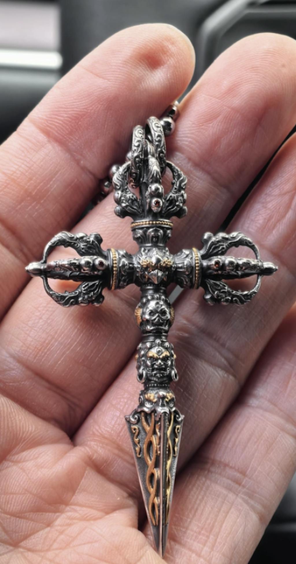 Gold Plated Sterling Silver Phurba Pendant: Tibetan Vajra Kila Amulet