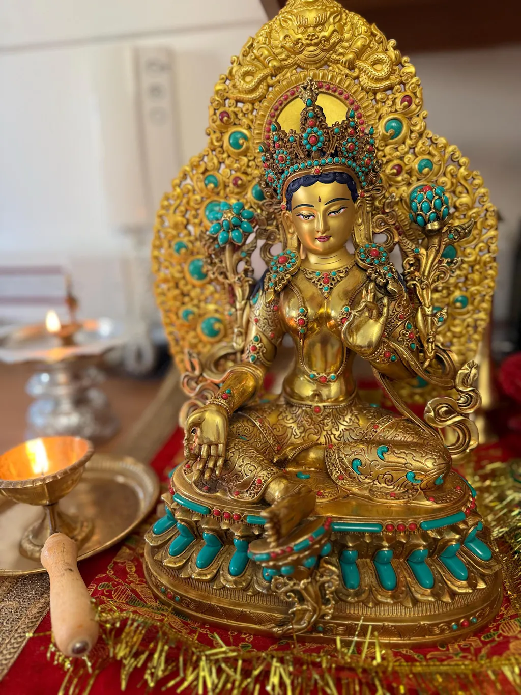 Full Gilded Green Tara Statue | Copper Buddhist Deity with Gem Inlay