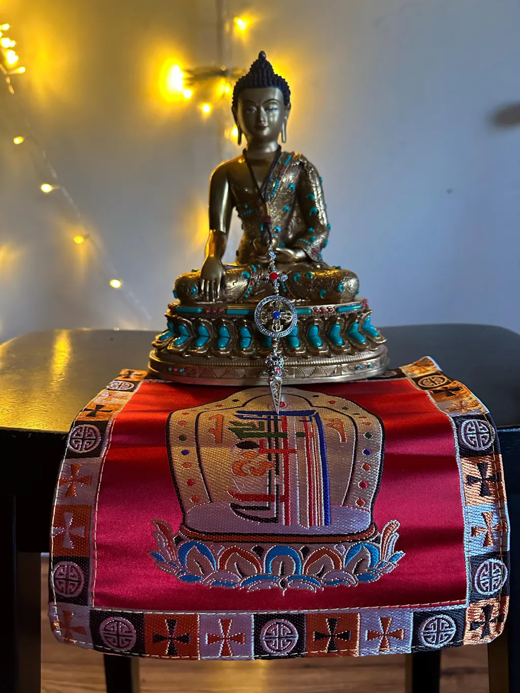 Full Gold-Plated Shakyamuni Buddha Statue with Tibetan Bead Inlays | Handmade Copper Buddhist Statue