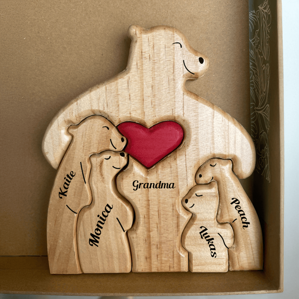 Wooden Bear Love Dad Mom Grandma - Puzzle Wooden Bears Family - Wooden Pet Carvings