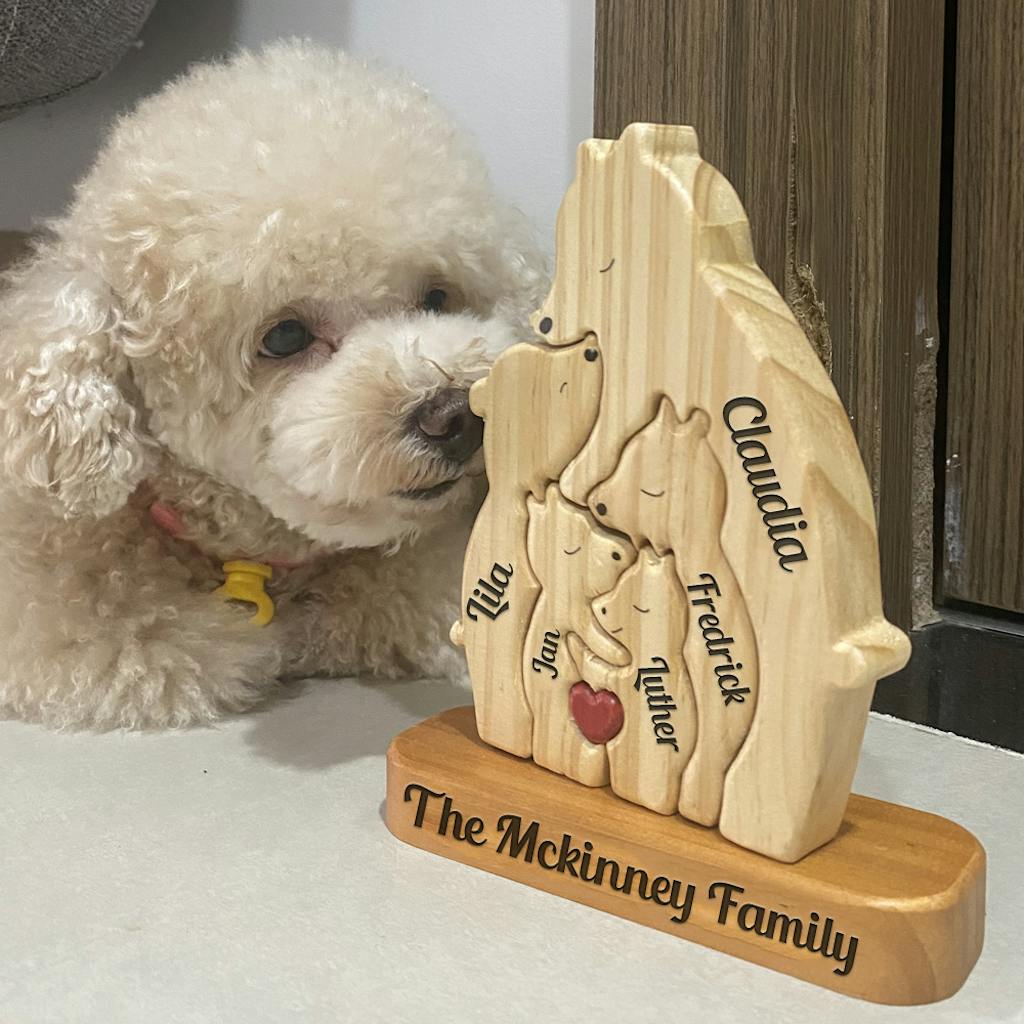 Personalized Single Parent Family With Stand - Puzzle Wooden Bear Family - Wooden Pet Carvings