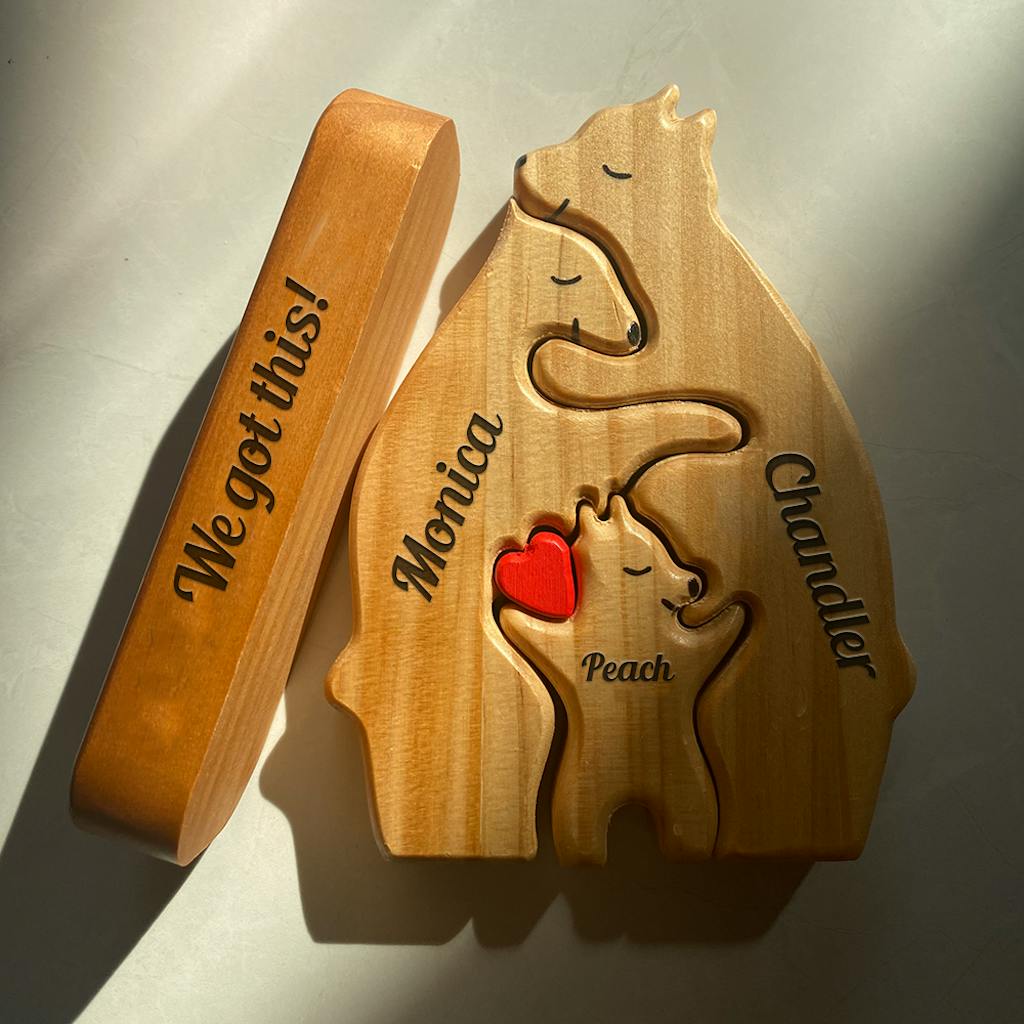 Personalized Wooden Bears Family with Hearts - Pet Carvings