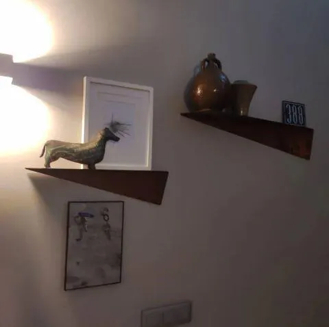 Klienta foto ar rustikālo metāla sienas plauktu