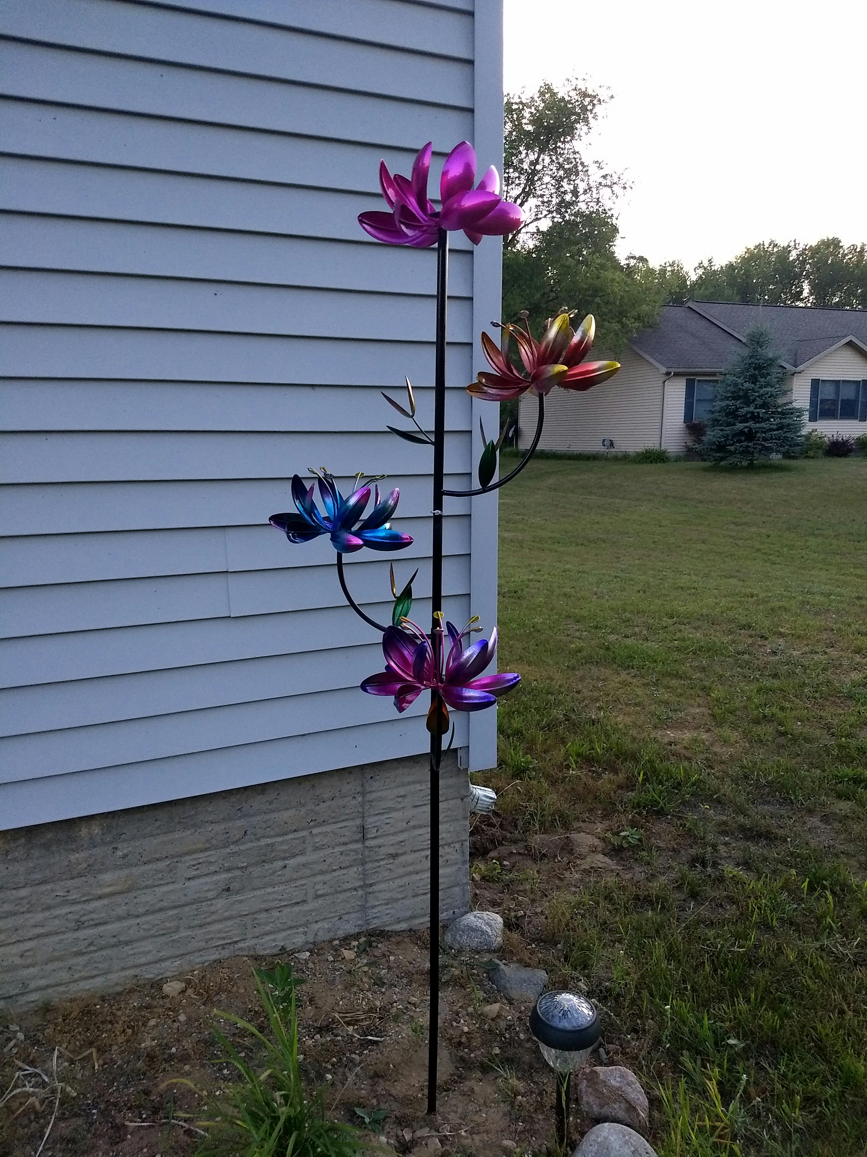 Lotus Flower Wind Spinner Garden Stake with Four Metallic Lotus Flower Wind Spinner Garden Stake with Four Metallic