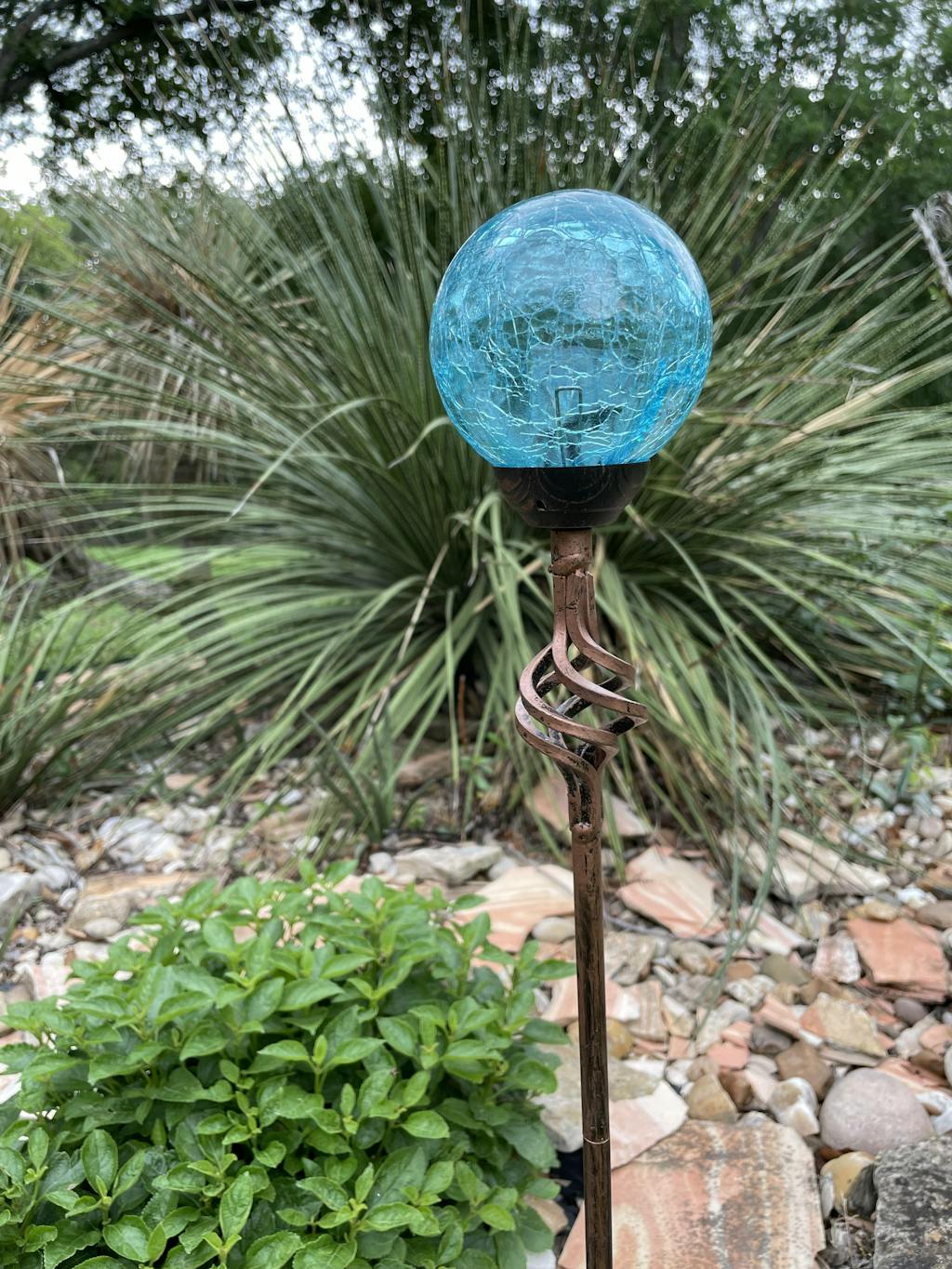 Solar Blue Crackle Glass Ball Garden Stake with Metal Finial Detail Exhart