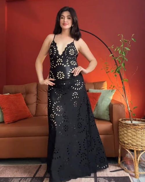 Black Cut-Out Floral Print One-Piece Swimsuit&Long Skirt