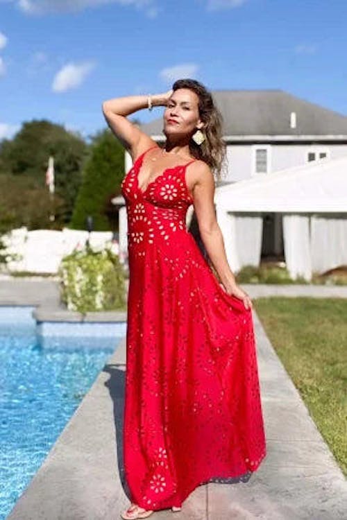 Red Cut-Out Floral Print One-Piece Swimsuit & Long Skirt