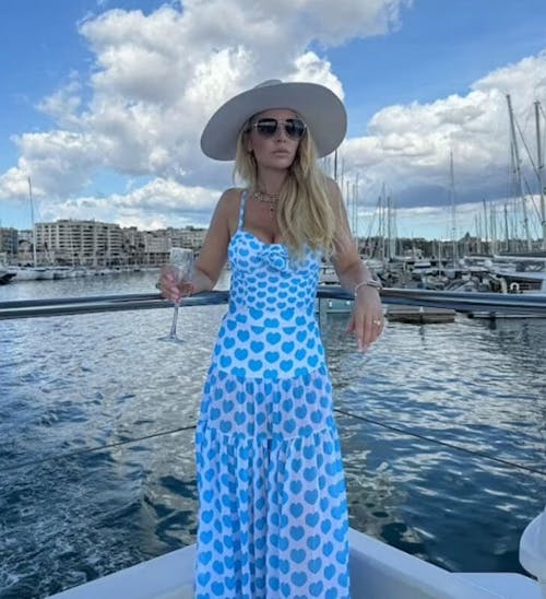 Blue Heart Print Bow One-Piece Swimsuit&Long Skirt