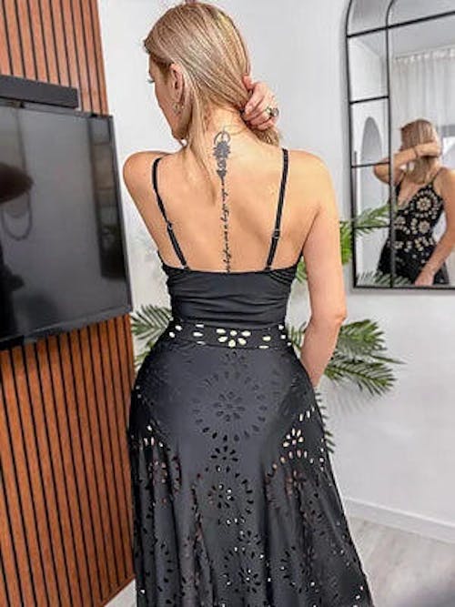 Black Cut-Out Floral Print One-Piece Swimsuit&Long Skirt