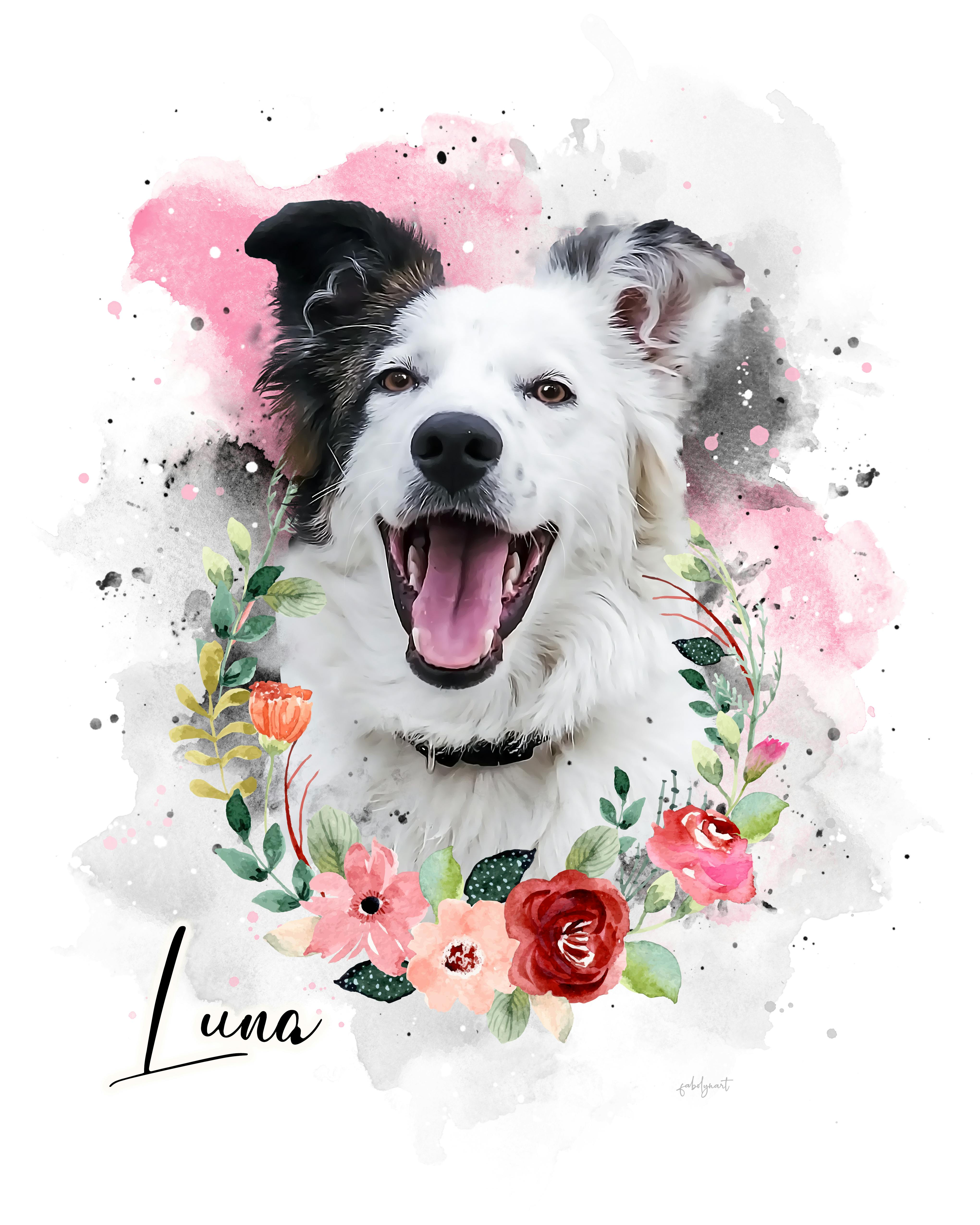 Digital Dog Portrait with floral deco