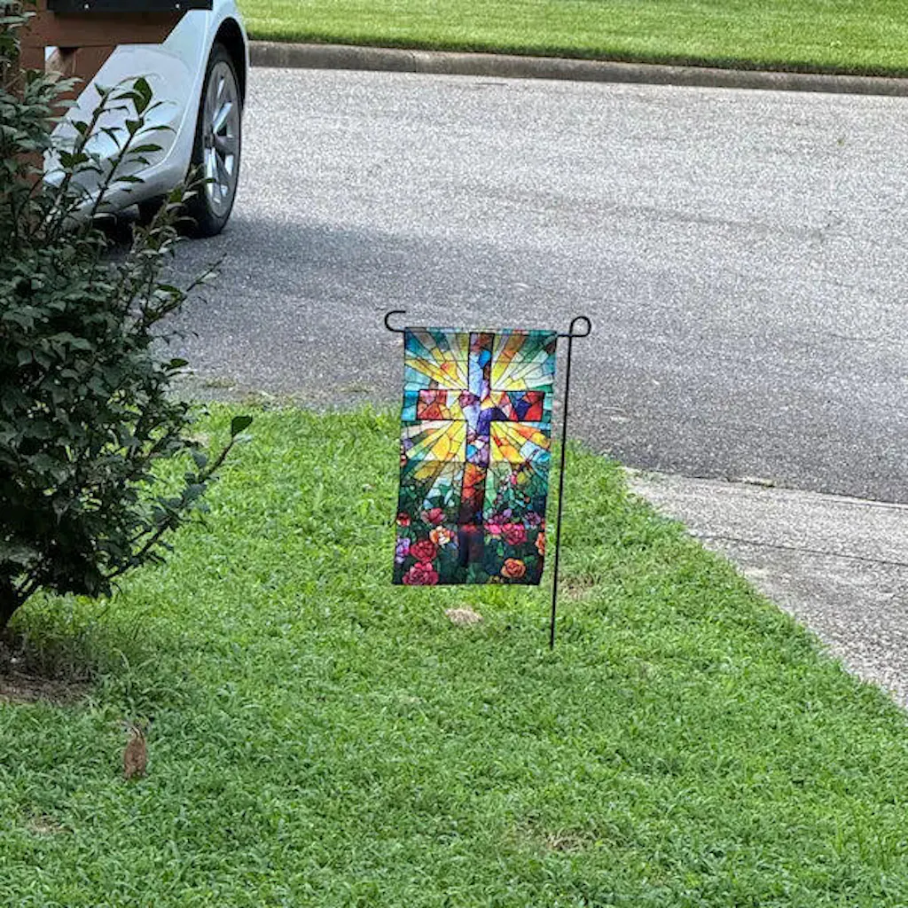 Christian Stained Glass Cross Garden Flag – Colorful Religious Decor for Yard, Garden, and Outdoor Spaces