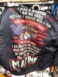 i was a warrior i am no hero but i have served with a few i will never accept defeat - Marine over print Bomber jacket