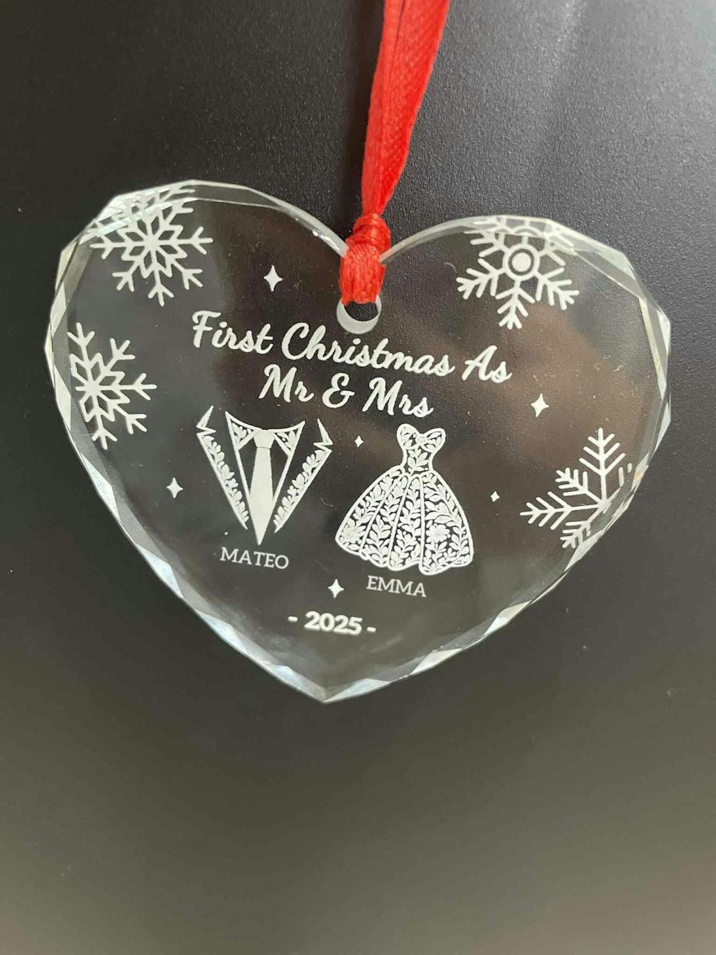 Custom Glass Heart Shape Ornament – Our First Christmas as Mr and Mrs
