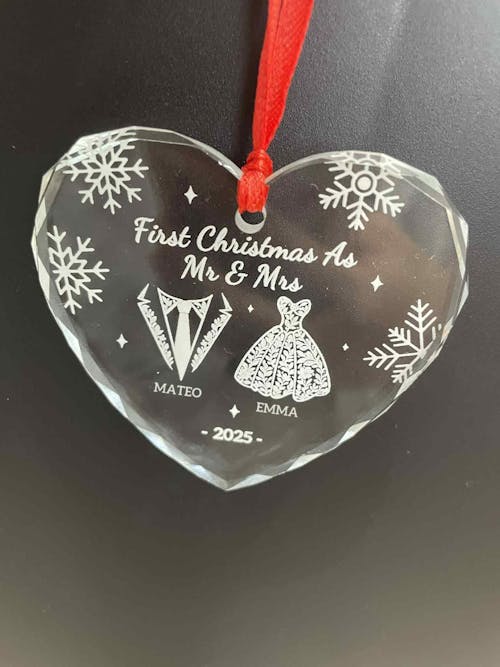 Custom Glass Heart Shape Ornament – Our First Christmas as Mr and Mrs