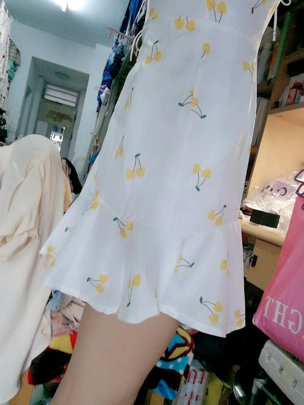 White Fresh Cherry Print Dress Rose BlackPink Fashion Chingu