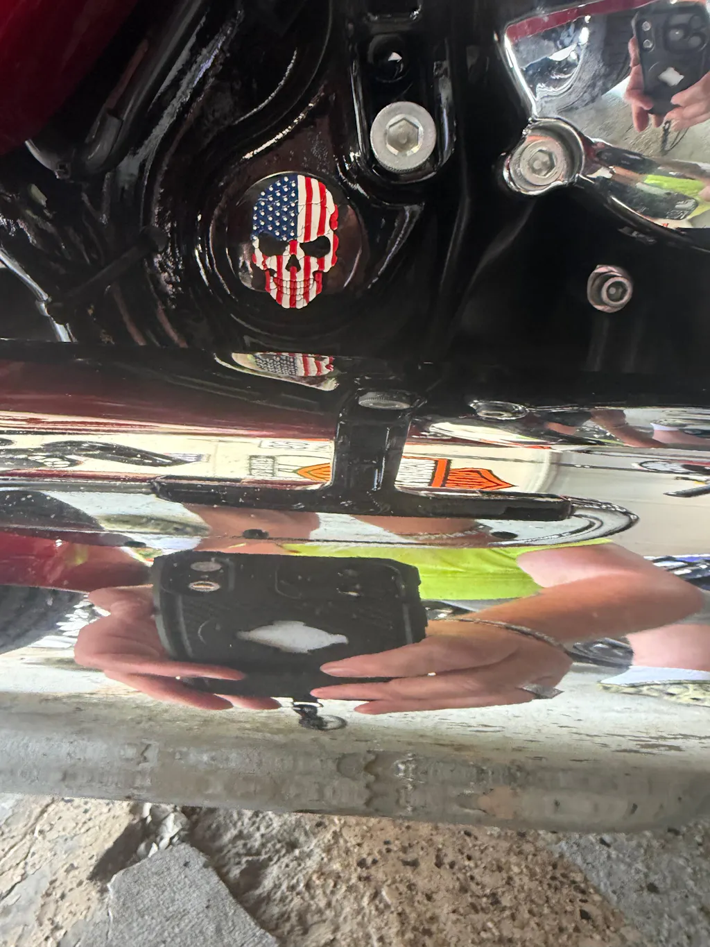 Harley-Davidson Stainless-Steel / Black Red White & Blue Flag Skull Swing Arm Covers