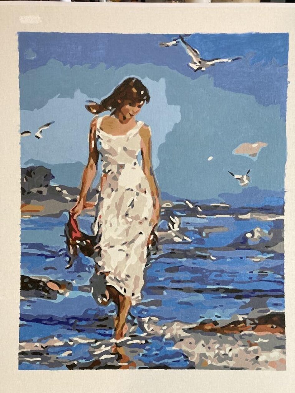 Girl With Dress Walking On Beach Paint By Numbers - PBN Canvas