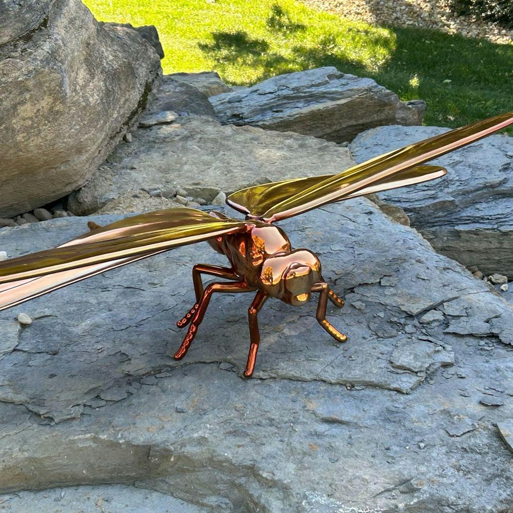 FINEST Elegant Stainless Steel Dragonfly Sculpture Polished Brass Finish Garden Sculpture for Contemporary Indoor and Outdoor Settings FS-192