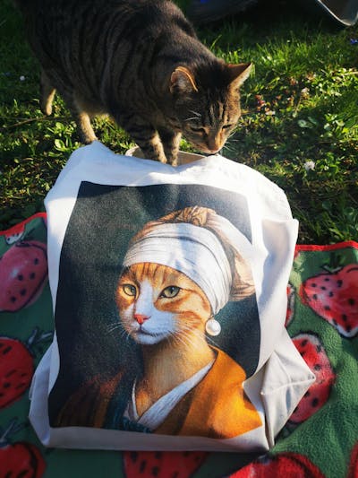Recycelter Jute-Stoffbeutel „Katze mit Perlenohrring“ – Nachhaltig & Stabil