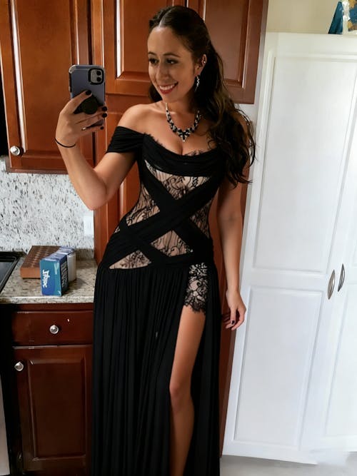 Off-Shoulder Lace Corset Chiffon Thigh Slit Maxi Dress