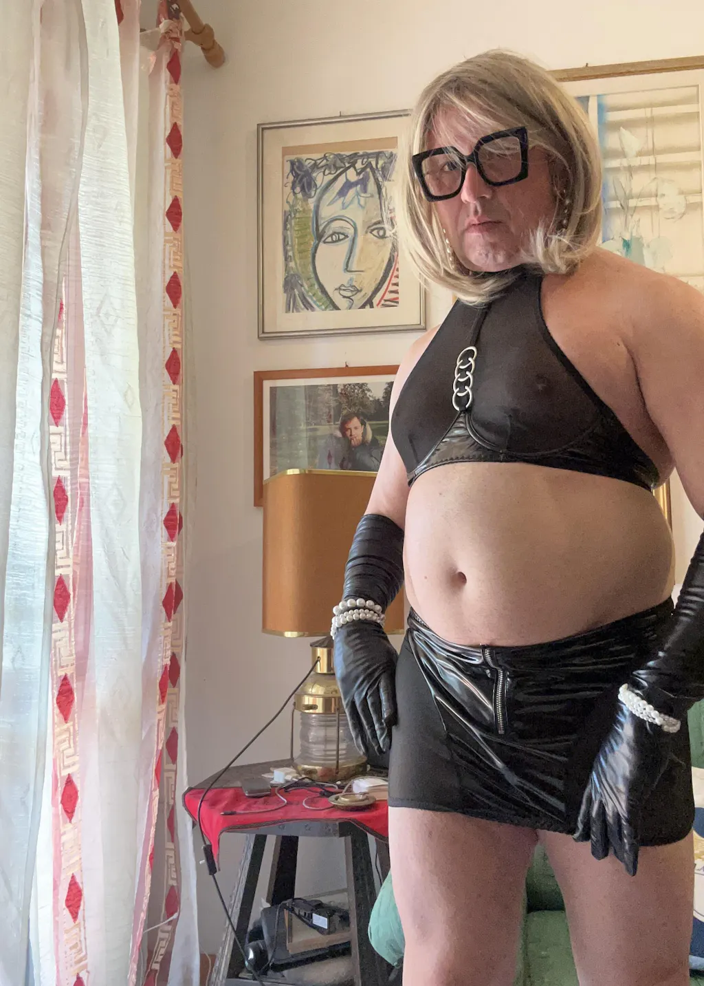 Sexy Leather Patchwork Mesh See-Through Halter Top and Bodycon Skirt Set