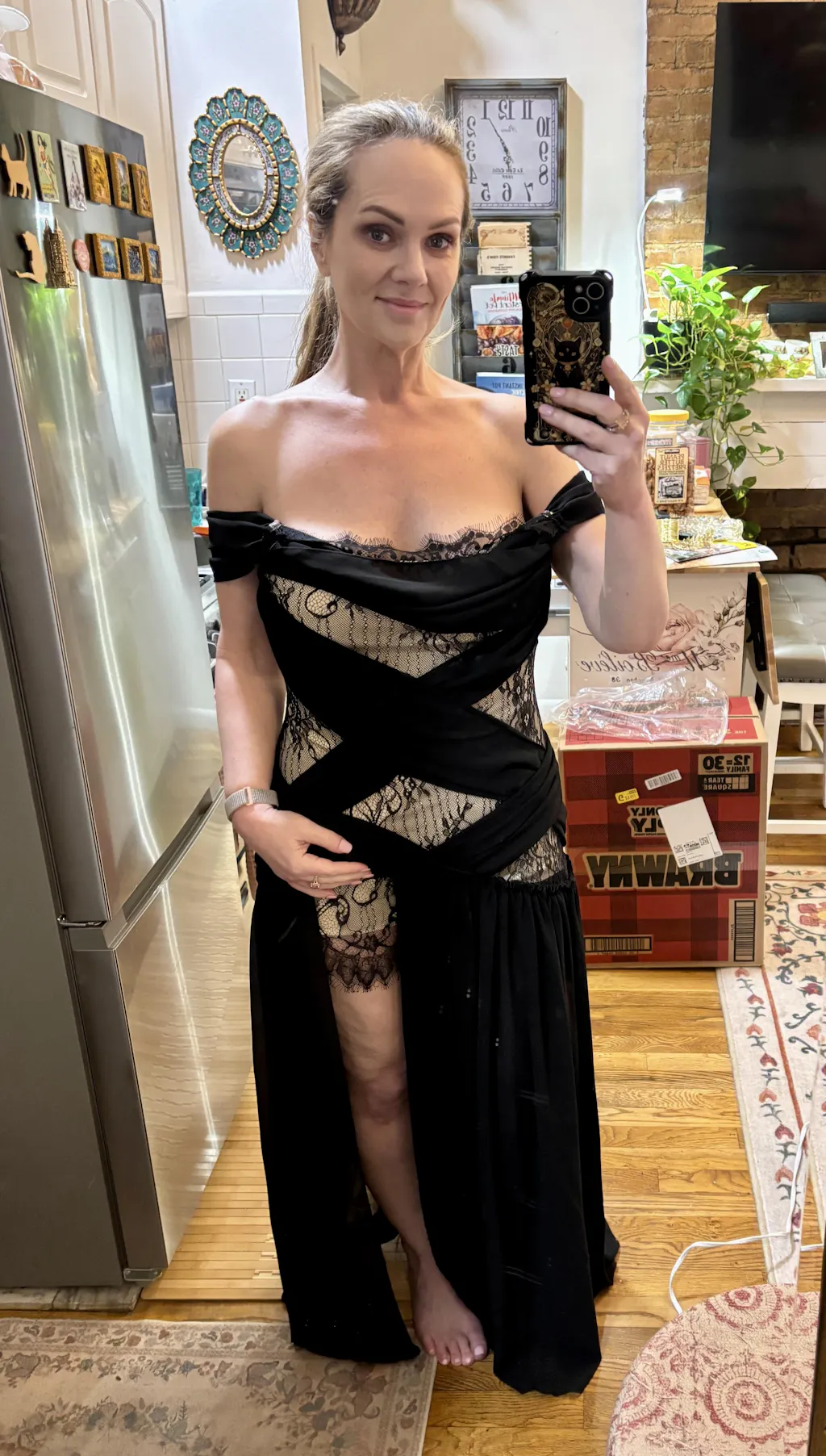 Off-Shoulder Lace Corset Chiffon Thigh Slit Maxi Dress
