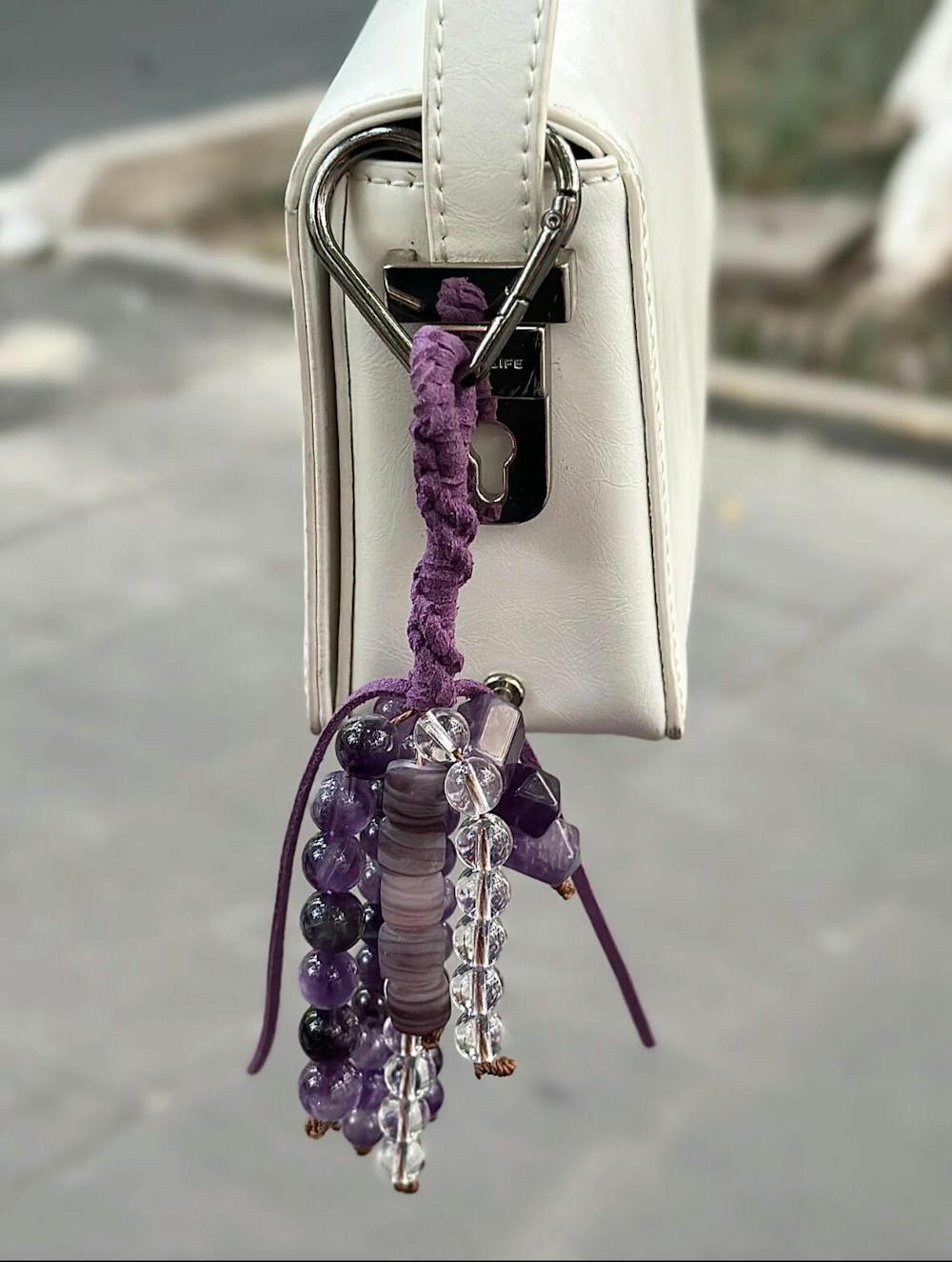 Amethyst &Clear Quartz Beaded Bag Charm