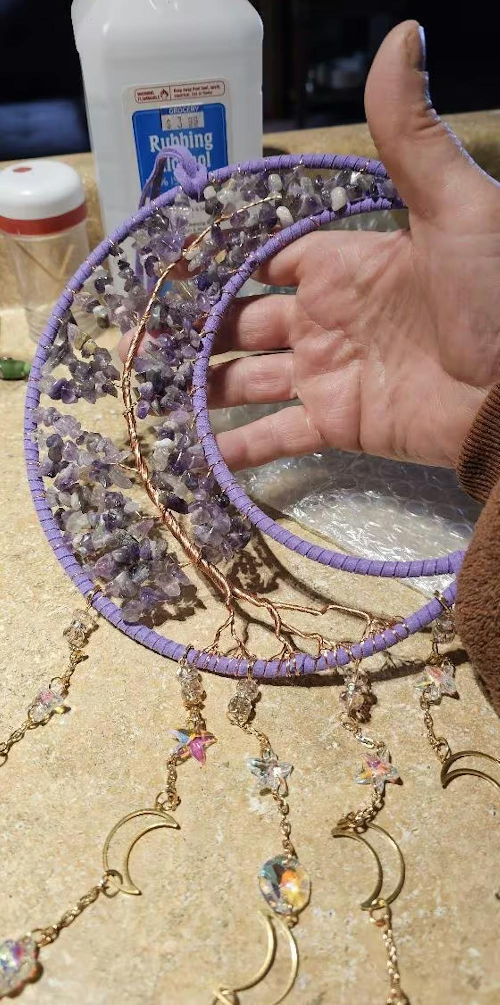 Amethyst Crescent Moon Suncatcher: Boho Wall Hanging