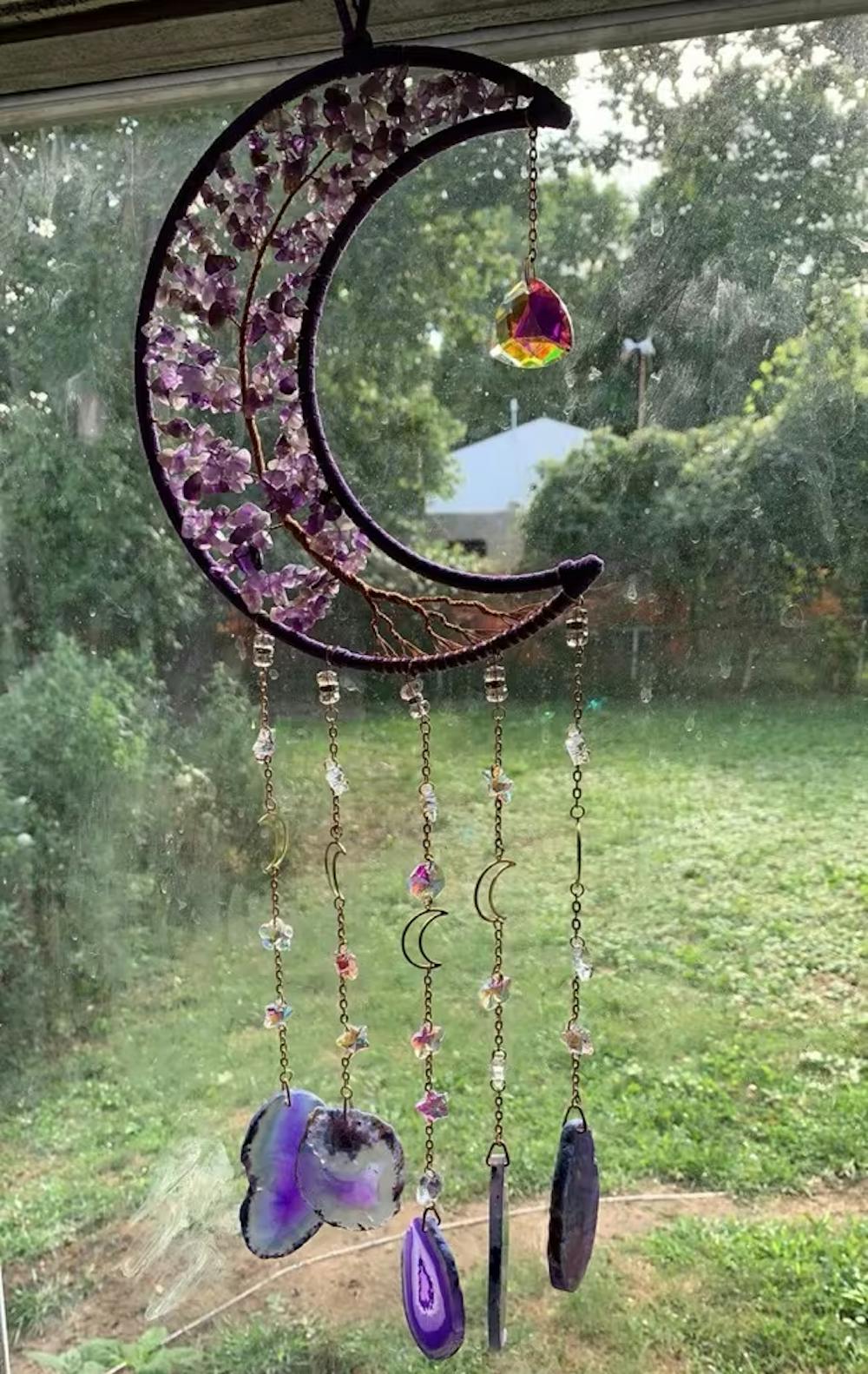 Amethyst Crescent Moon Suncatcher: Boho Wall Hanging