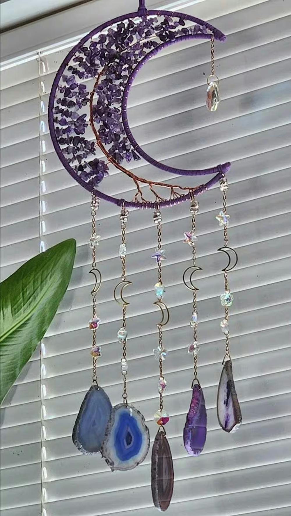 Amethyst Crescent Moon Suncatcher: Boho Wall Hanging