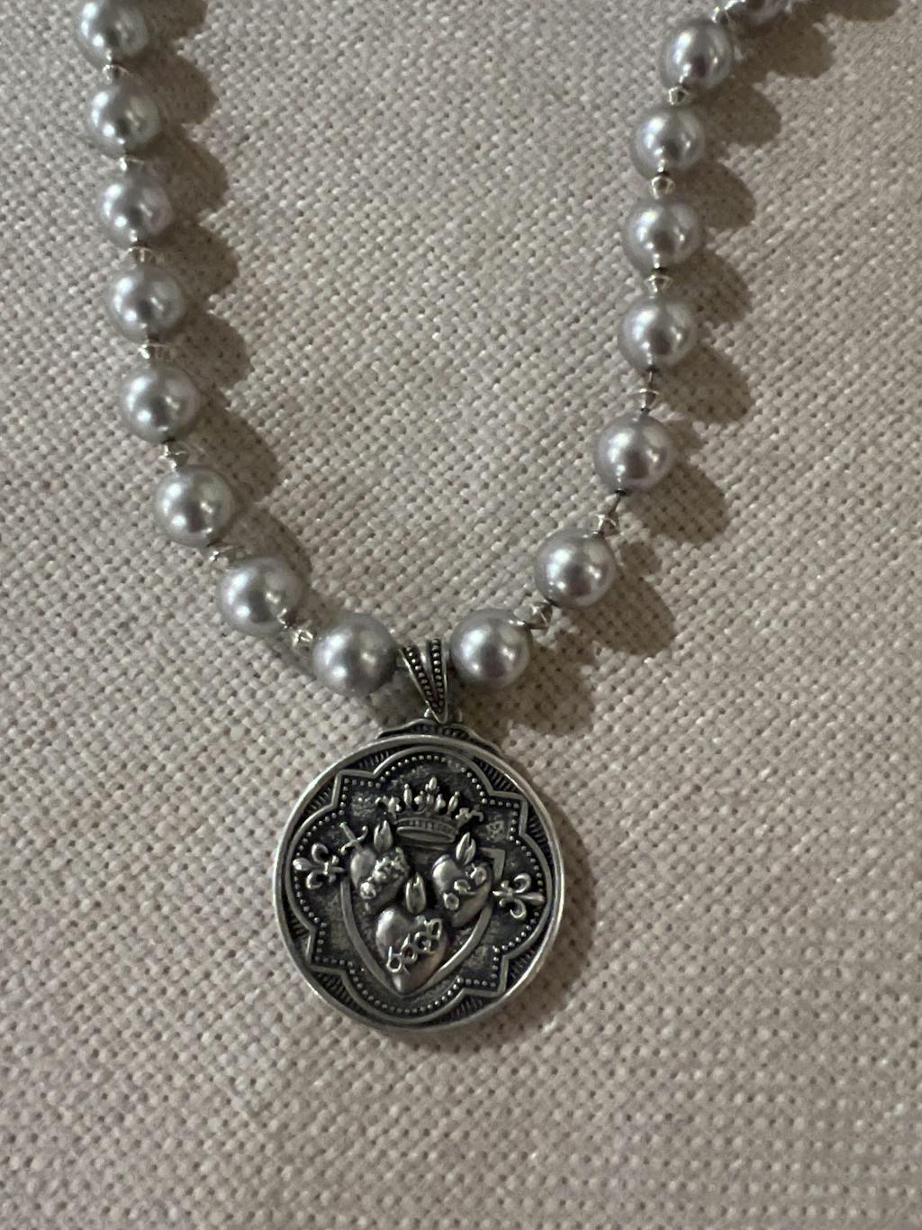 St. Joseph/Three Hearts Two-Sided Pendant in Sterling Silver, 30mm