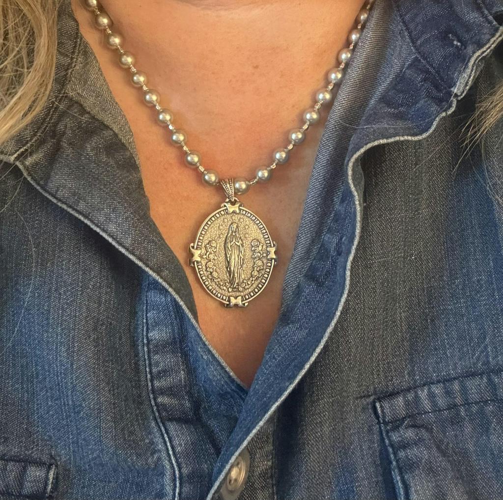 Large French Auspice Maria and Lourdes Reversible Pendant in Sterling Silver on Swarovski Pearls, 33mm