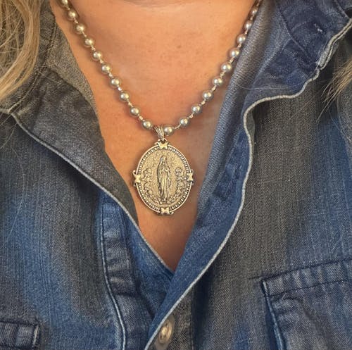 Large French Auspice Maria and Lourdes Reversible Pendant in Sterling Silver on Swarovski Pearls, 33mm