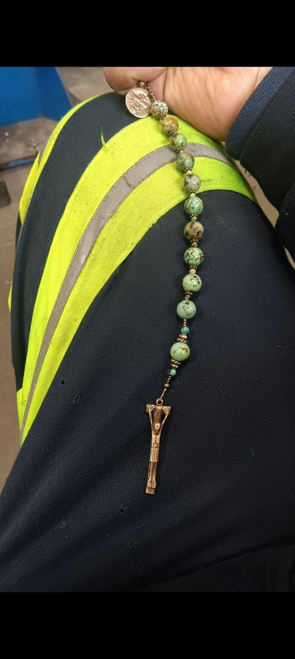 African "Turquoise" (Jasper) and Bronze Penal Crucifix and Holy Spirit Single Decade Rosary