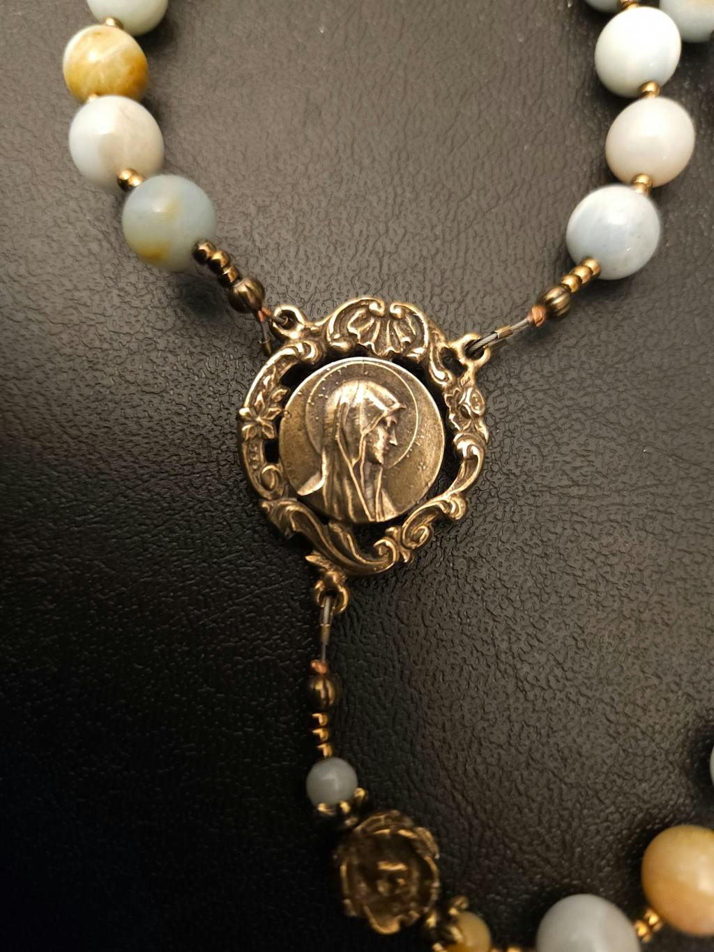 Flower Amazonite and Bronze, Blessed Mother Profile and Angels Kneeling Crucifix
