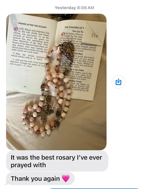 Rosary - Pink Opal and Bronze St. Therese of Lisieux Center and Elaborate Scrolls Crucifix