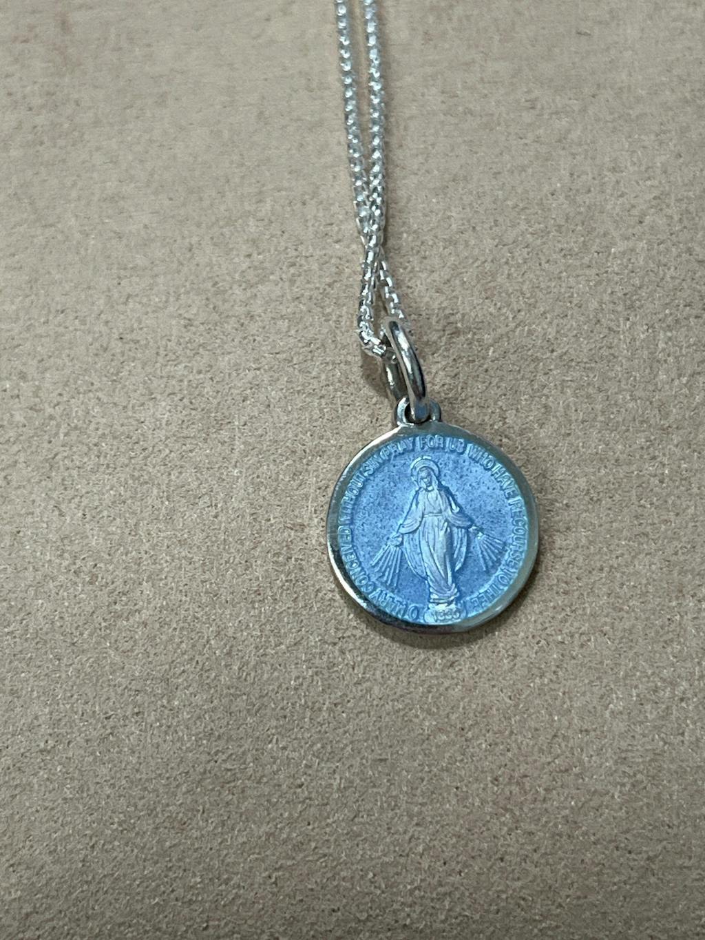 Miraculous Medal Pendant in Sterling Silver with French Blue Enamel (3 Sizes)