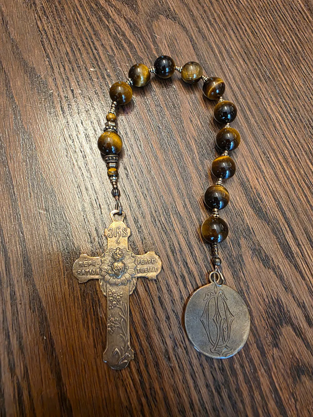 Tiger Eye and Bronze St. Joseph and Holy Face Cross Single Decade Rosary