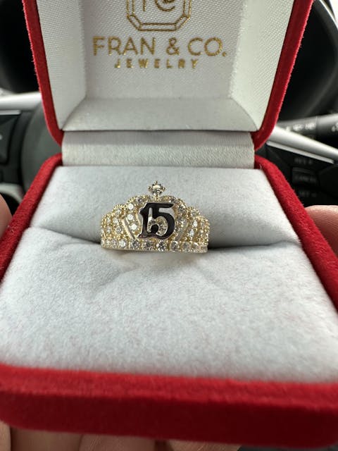 10k Solid Gold Yellow Crown CZ Mis 15 Años Ring
