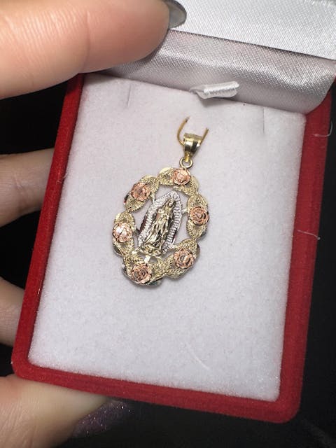 10k Solid Gold Tri-Color Virrgin Mary Flower Pendant Necklace Virrgen Gaudalupe Valentina Chain (MED)