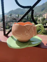 Pink Tulip Ceramic Tea Cup Set With Leaf Saucer, Pack of 1, Floral Design