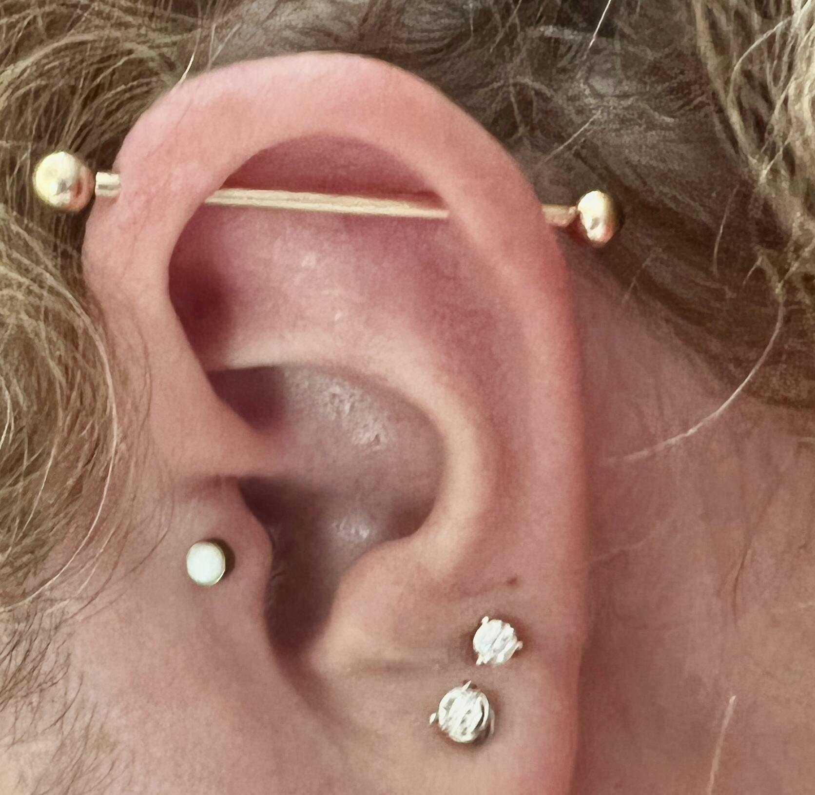 14k gold industrial bar earring