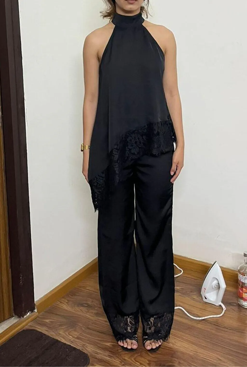 Premium Satin Black Co-ord set with Black lace